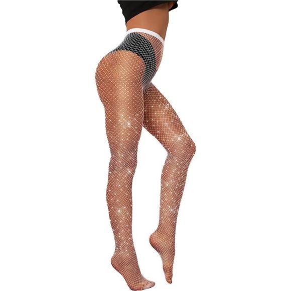 Accessories - Sexy High Waist Tights Sparkle Rhinestone W-small Grid-white